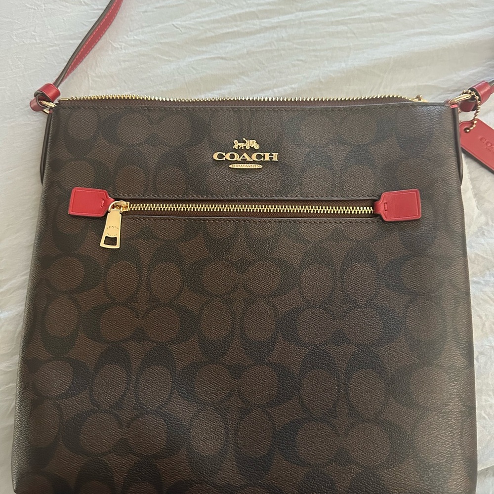 Coach Signature Brown and Red Crossbody Bag